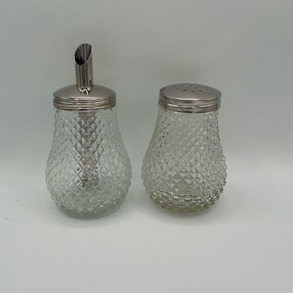 Vtg Diamond Point Pattern Sugar Shaker & Creamer/Syrup Stainless Steel Lid - Picture 1 of 4